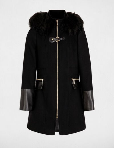 Manteau droit zippé à capuche noir femme