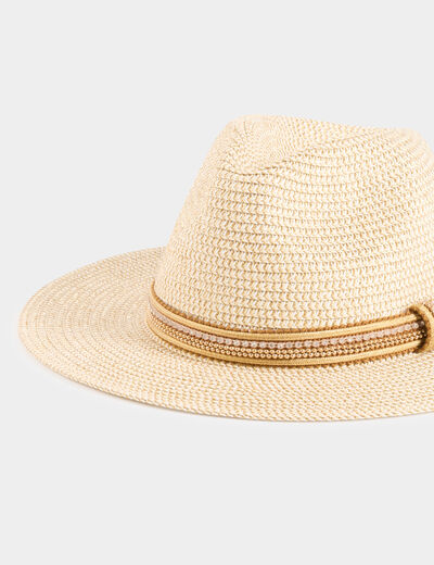 Chapeau tressé détails bijoux beige femme