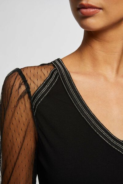 T-shirt manches longues en plumetis noir femme
