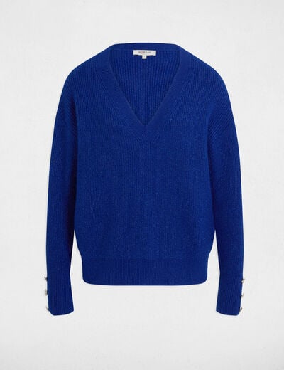 Pull col en V oversize bleu pétrole femme