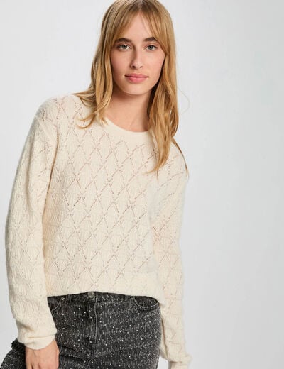 Pull col rond fantaisie ivoire femme