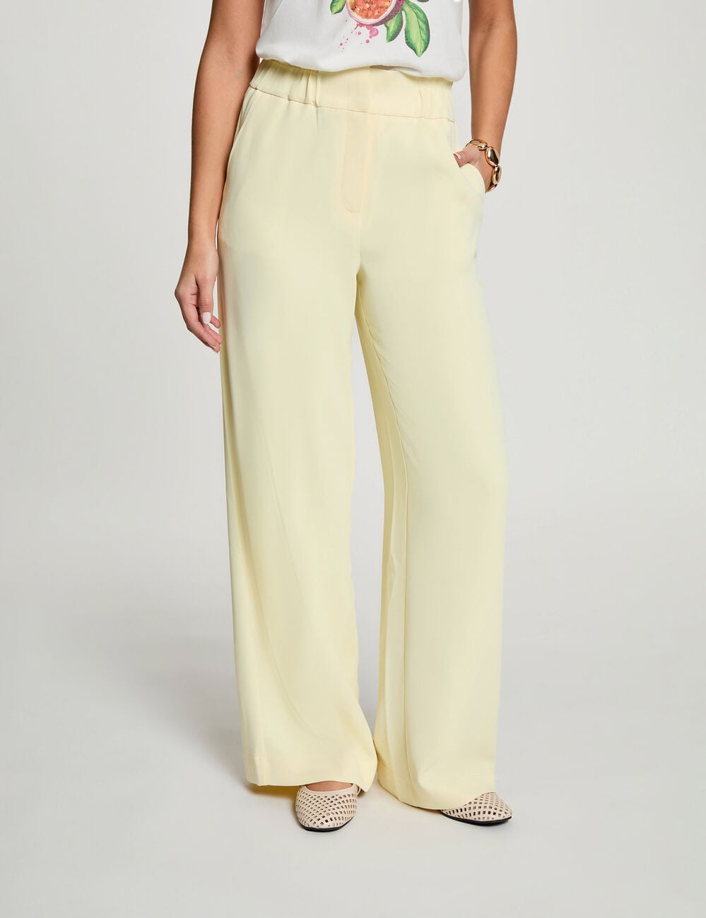 Pantalon large taille haute jaune pastel femme