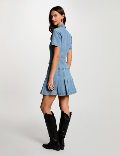 Korte trapeze jurk van denim stone washed denim vrouw