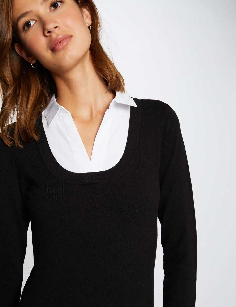Pull manches longues avec col superpos&eacute; noir femme