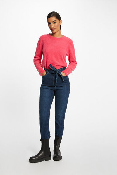 Regular jeans met hoge taille en riem jean stone vrouw