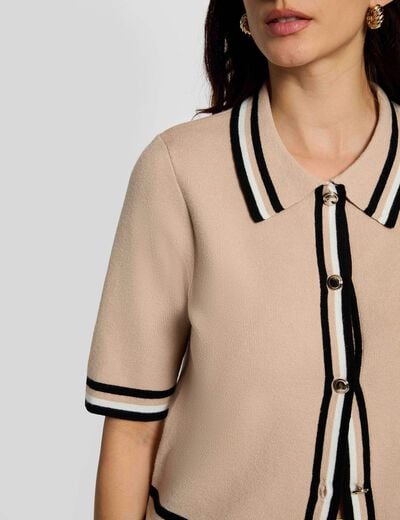 Gestreepte trui met korte mouwen beige vrouw