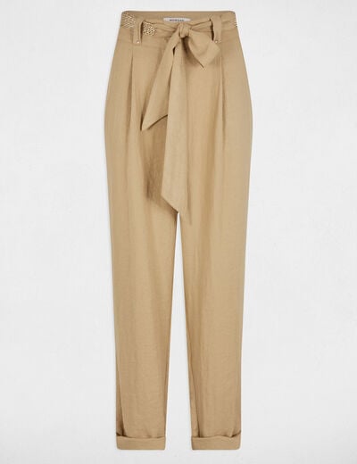 Pantalon carotte ceinturé beige femme