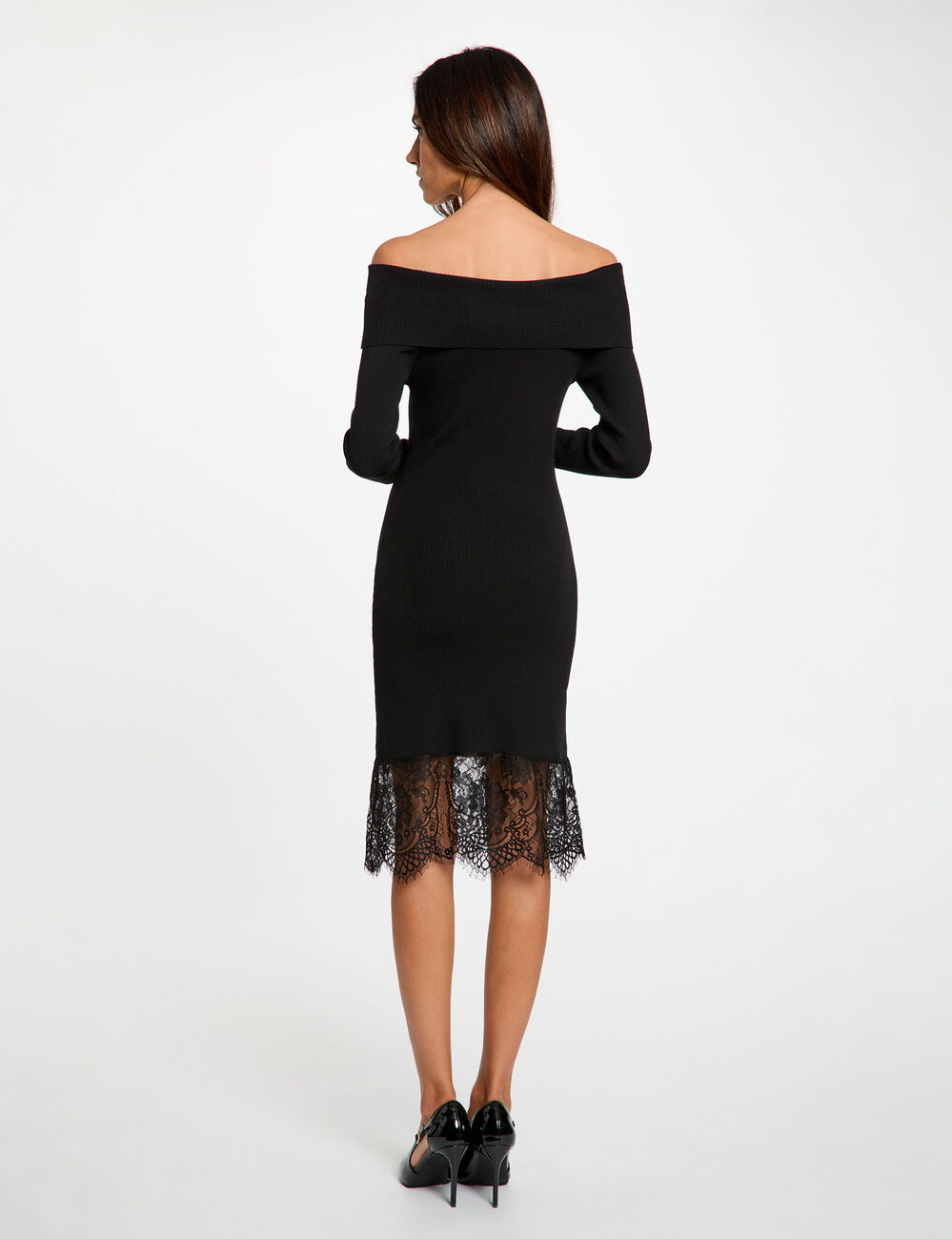 Robe tricot col bardot noir femme