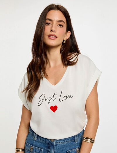 T-shirt court col v blanc femme