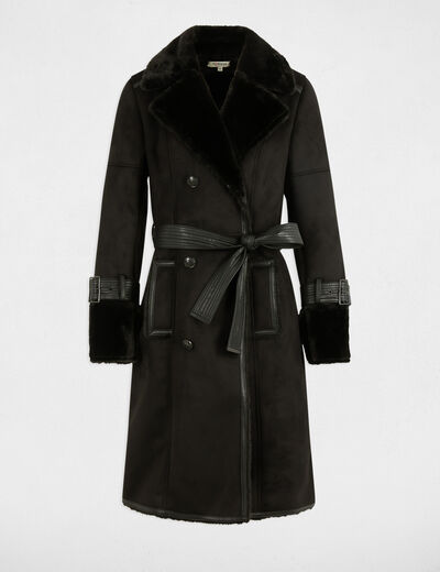 Trench ajusté fausse fourrure noir femme