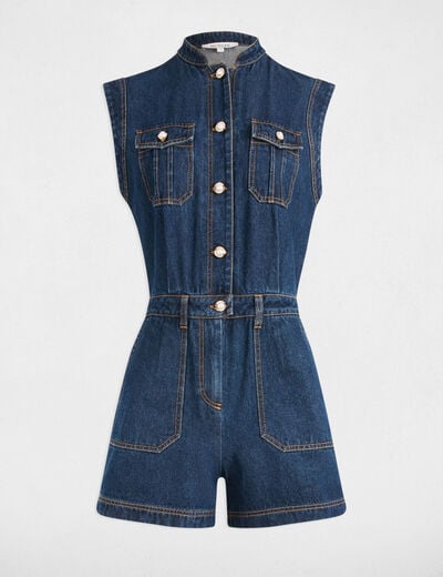 Korte jumpsuit in jeans ruw denim vrouw
