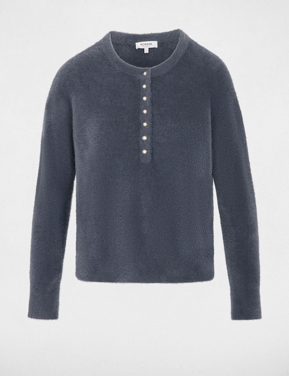 Pull col rond &agrave; boutons denim gris fonce femme