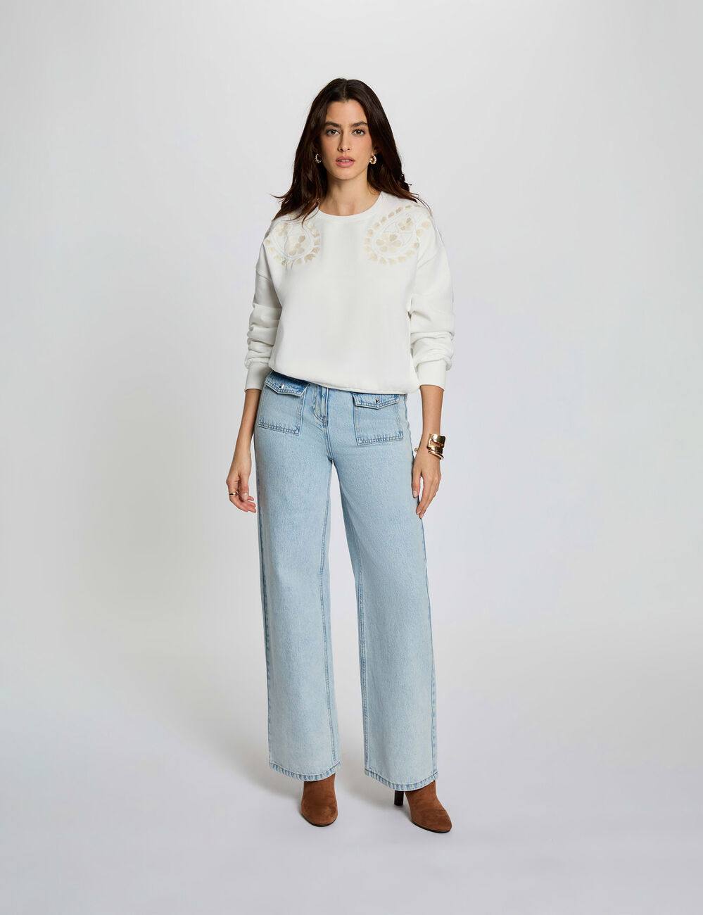 Pull maille brod&eacute;e blanc femme