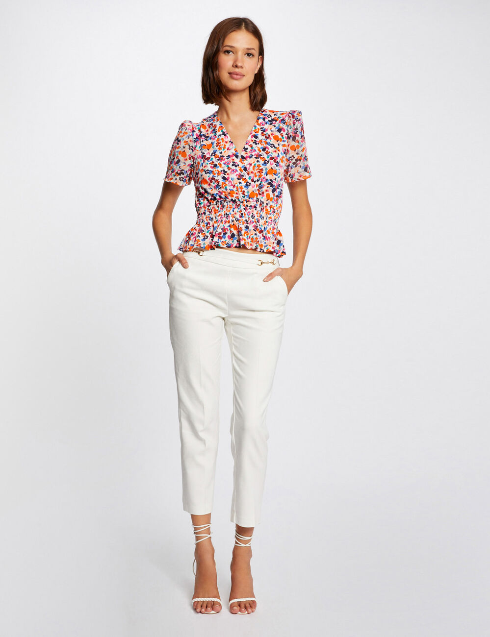 T-shirt korte mouwen en bloemenmotief ecru vrouw