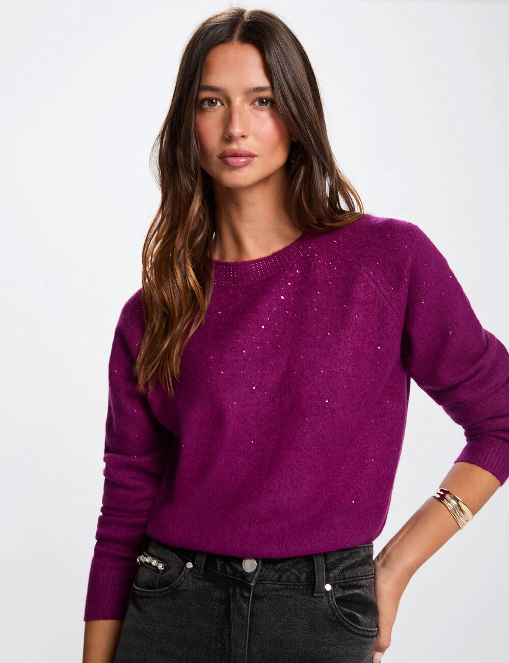 pull ajuste strass violet femme Pull ajusté strass violet femme