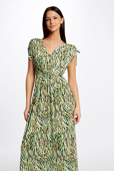 Robe longue droite imprimé géométrique vert femme