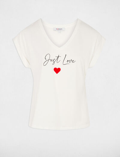 T-shirt court col v blanc femme