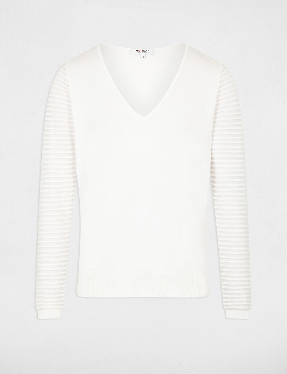 Pull col en V manches ajourées ecru femme