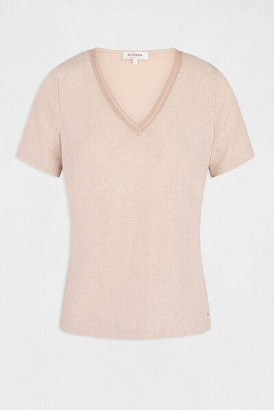 T-shirt met korte mouwen en V-hals roze vrouw