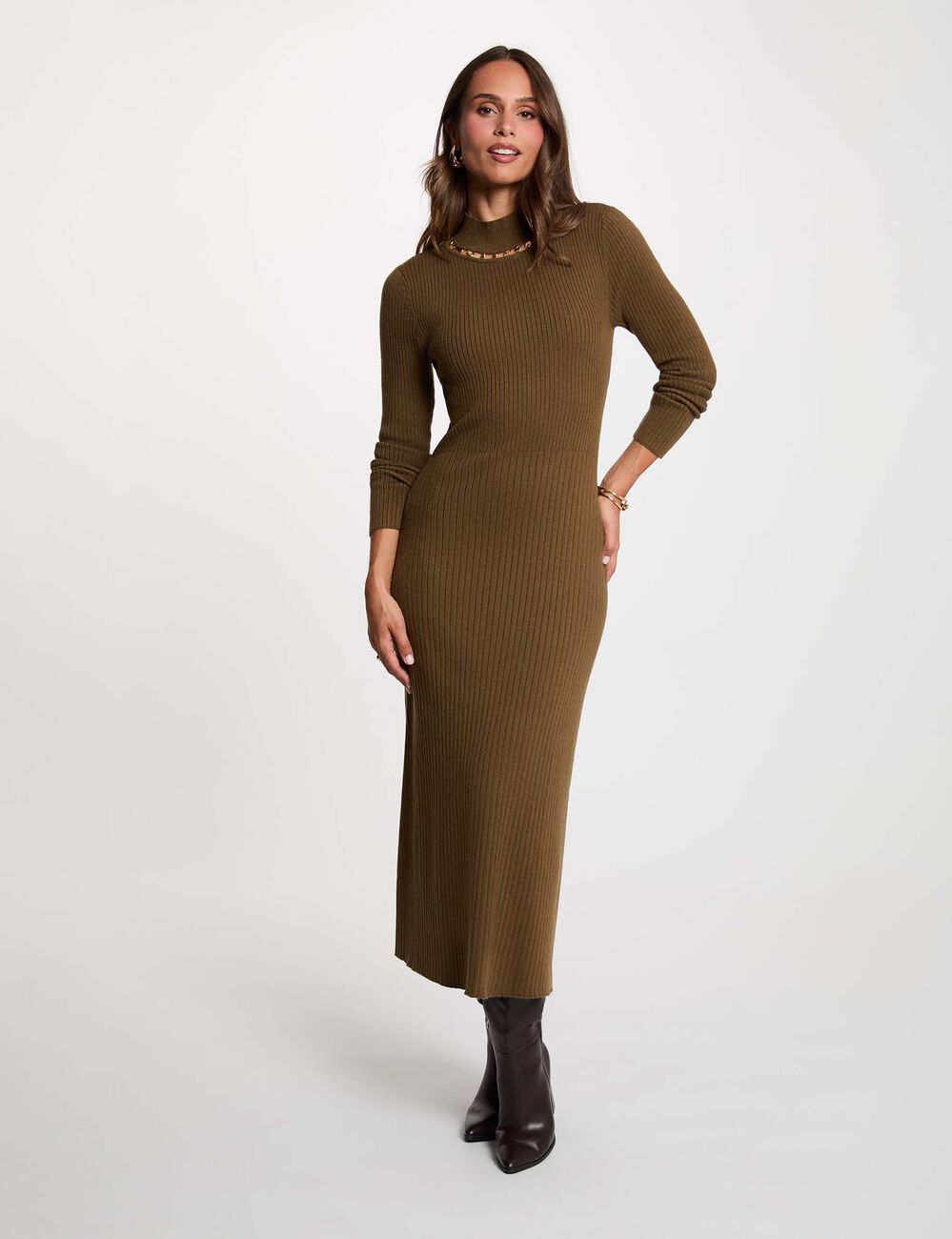 Robe tricot col chemin&eacute;e vert kaki femme