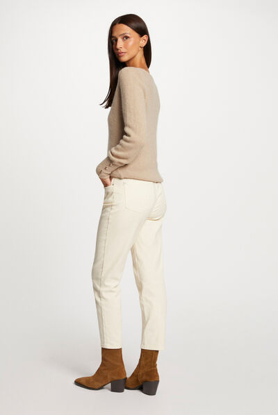 Trui met lange mouwen en V-hals beige vrouw
