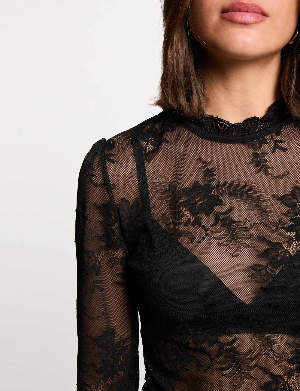 Body dentelle manches longues noir femme