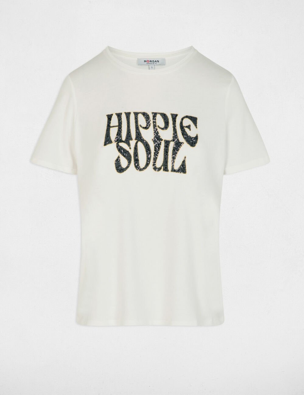 T-shirt brod&eacute; sequins blanc femme