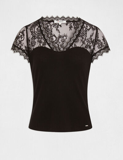 T-shirt met korte mouwen van kant zwart vrouw
