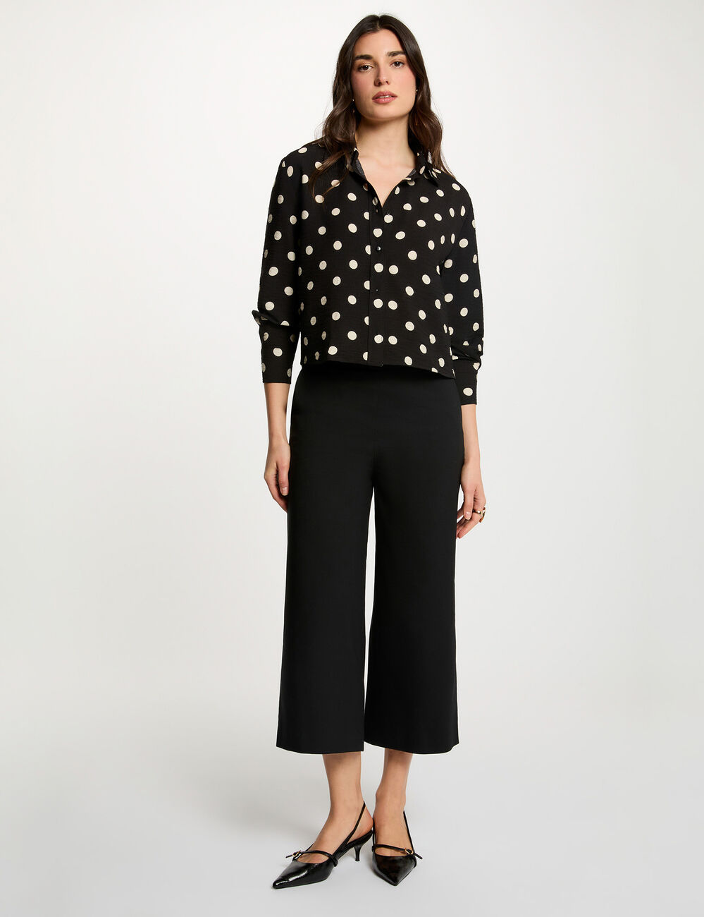 Chemise cropped &agrave; pois noir femme