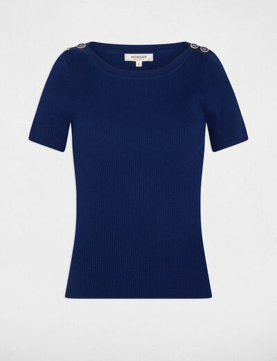 Pull col bateau et boutons bleu marine femme
