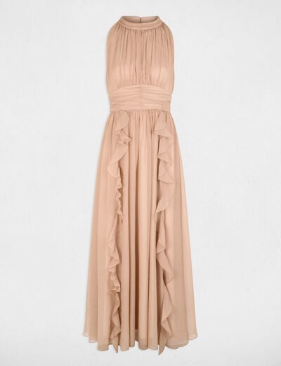 Lange jurk met hoge hals taupe vrouw