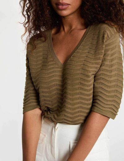 V-hals trui met 3/4 mouwen brons vrouw