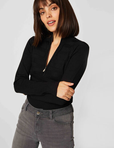 Pull manches longues col montant zipp&eacute; noir femme