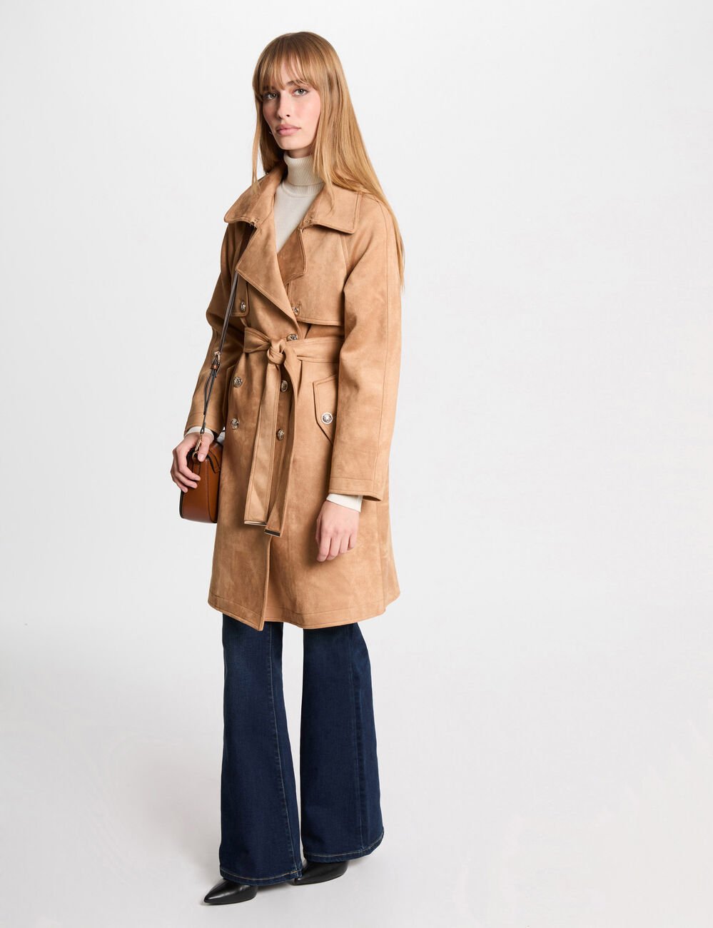 Lange suède trenchcoat marron clair vrouw