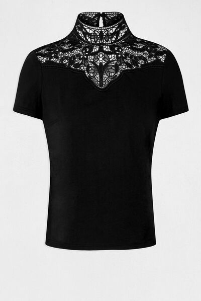 T-shirt met korte mouwen van kant zwart vrouw