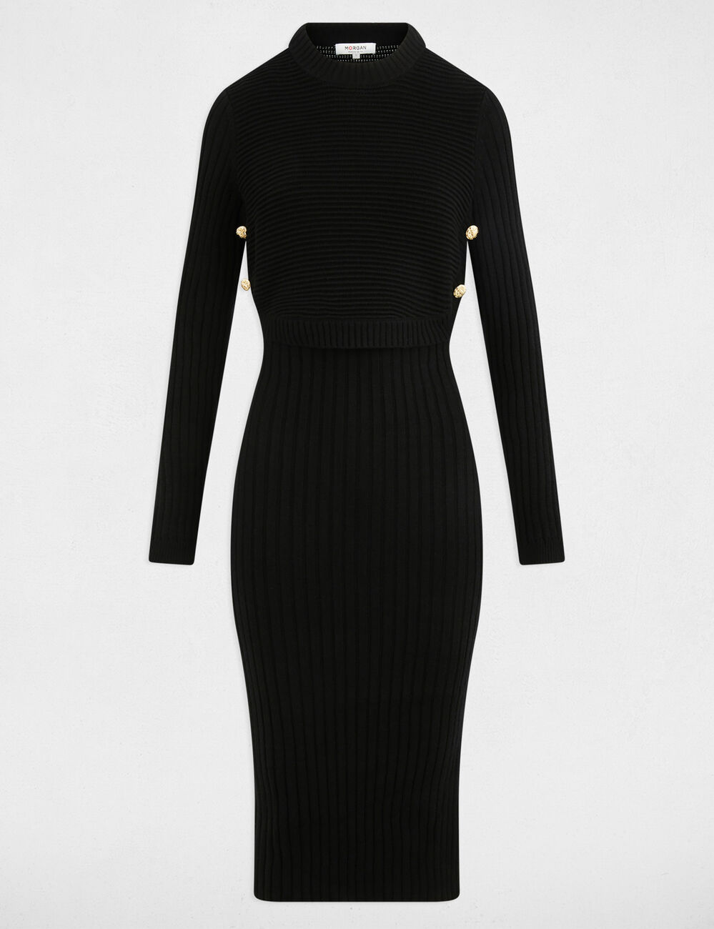 Robe tricot cintr&eacute;e manches longues noir femme