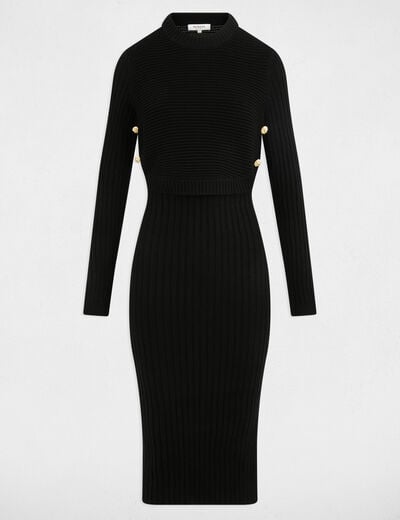 Robe tricot cintr&eacute;e manches longues noir femme