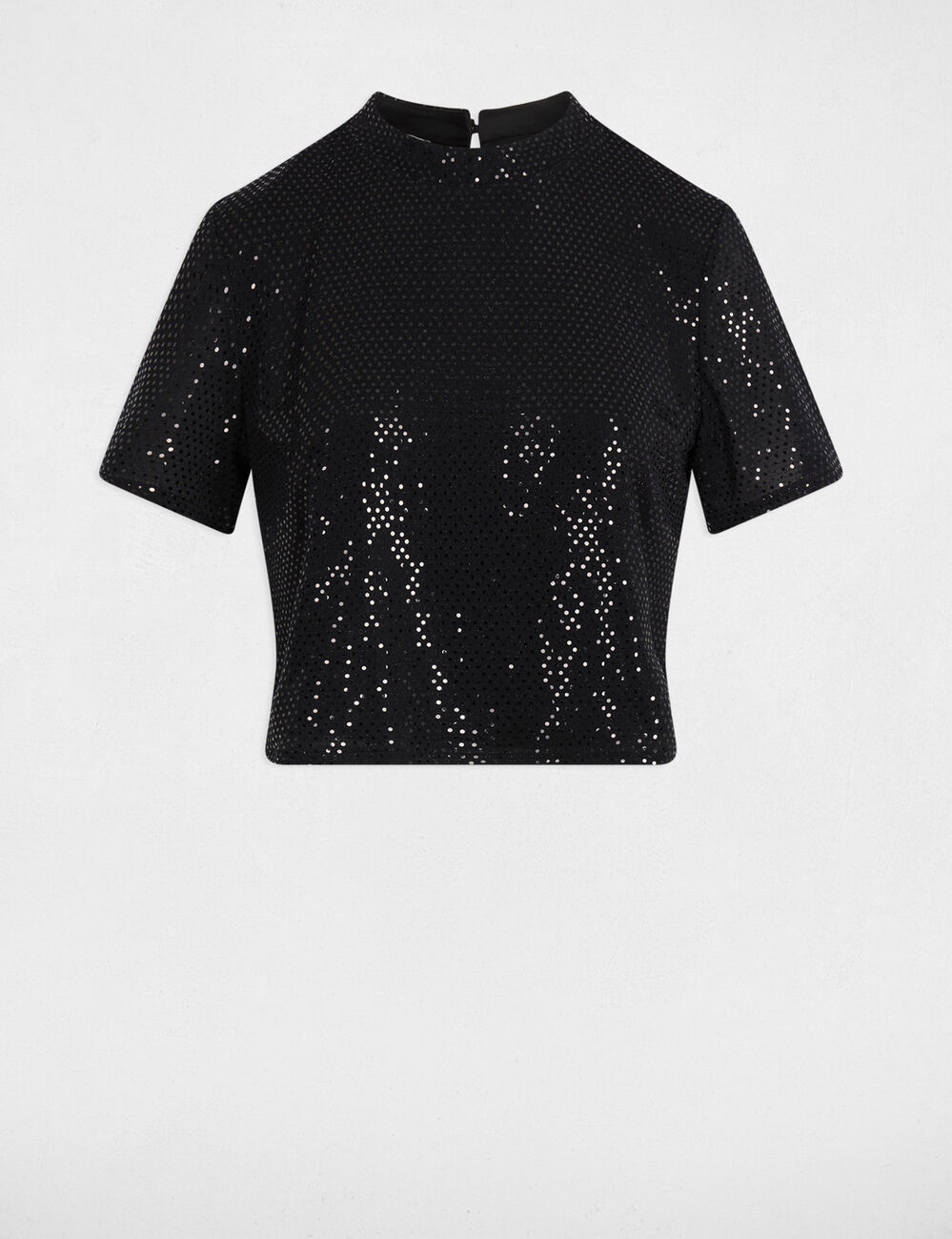 T-shirt met pailletten en hoge kraag zwart vrouw