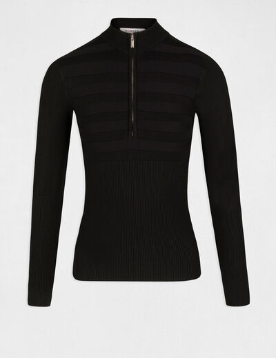 Pull manches longues col montant zipp&eacute; noir femme