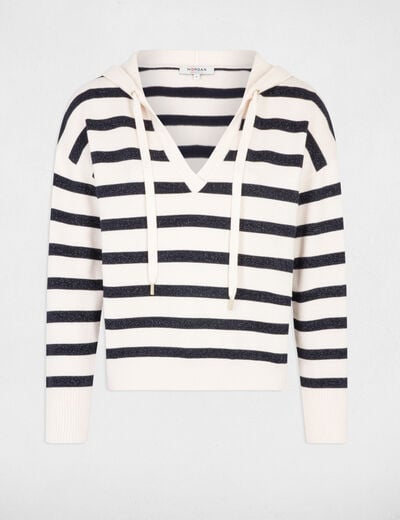 Pull col en V à capuche ivoire femme