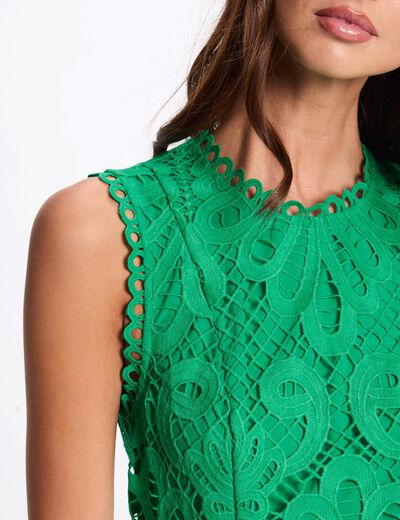 Mouwloze kanten top met print emerald groen vrouw