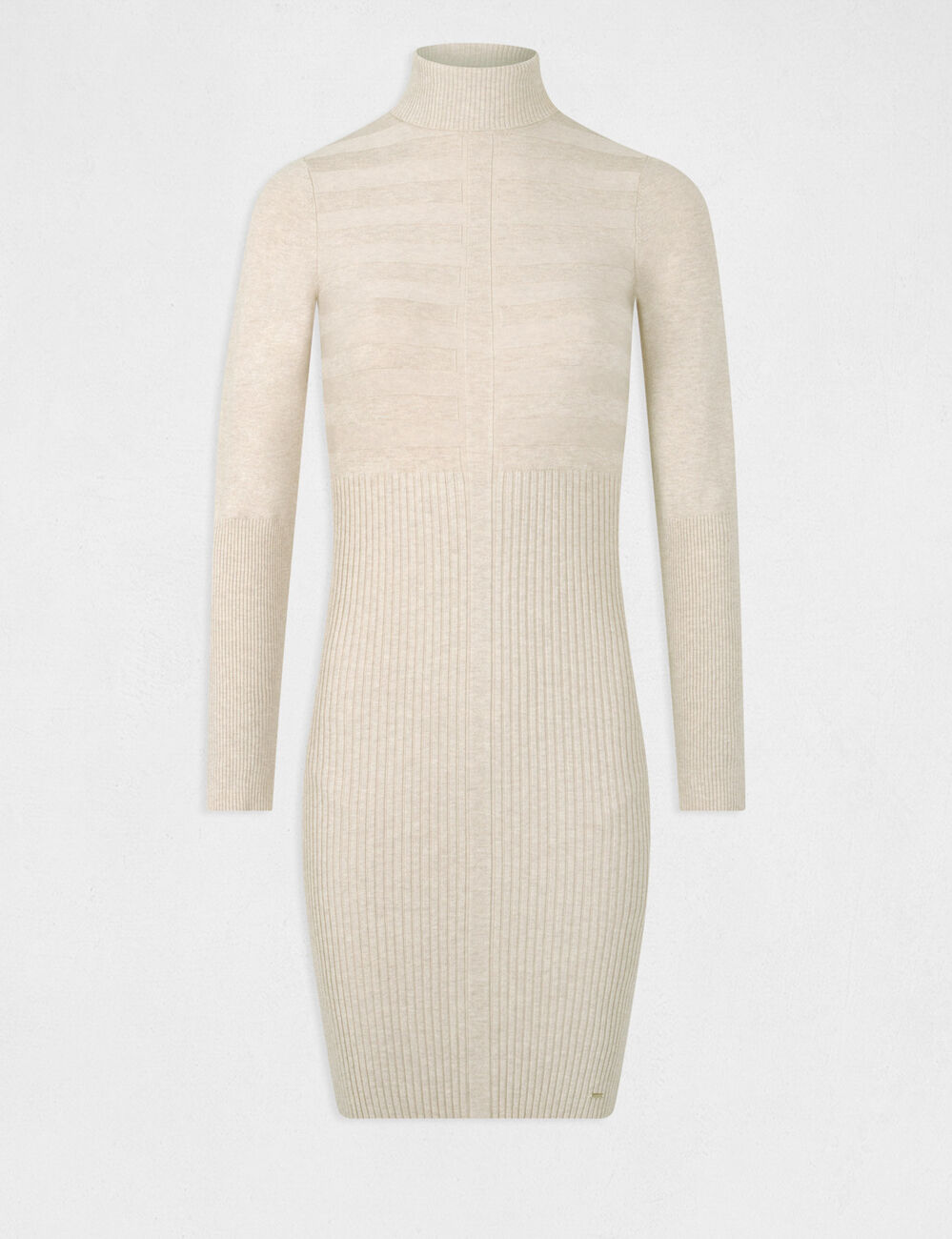 Getailleerde jurk met rolkraag in fijn tricot zand vrouw