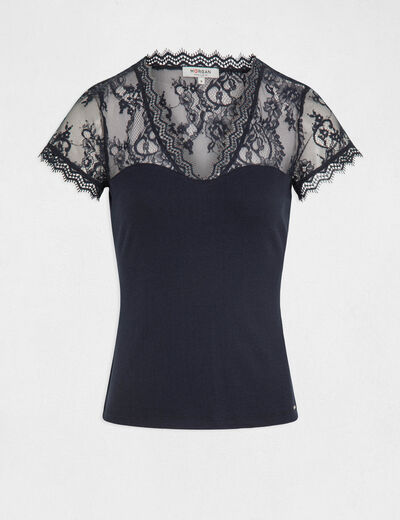T-shirt manches courtes &agrave; dentelle bleu marine femme