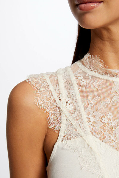 T-shirt met korte mouwen van kant medium ecru vrouw