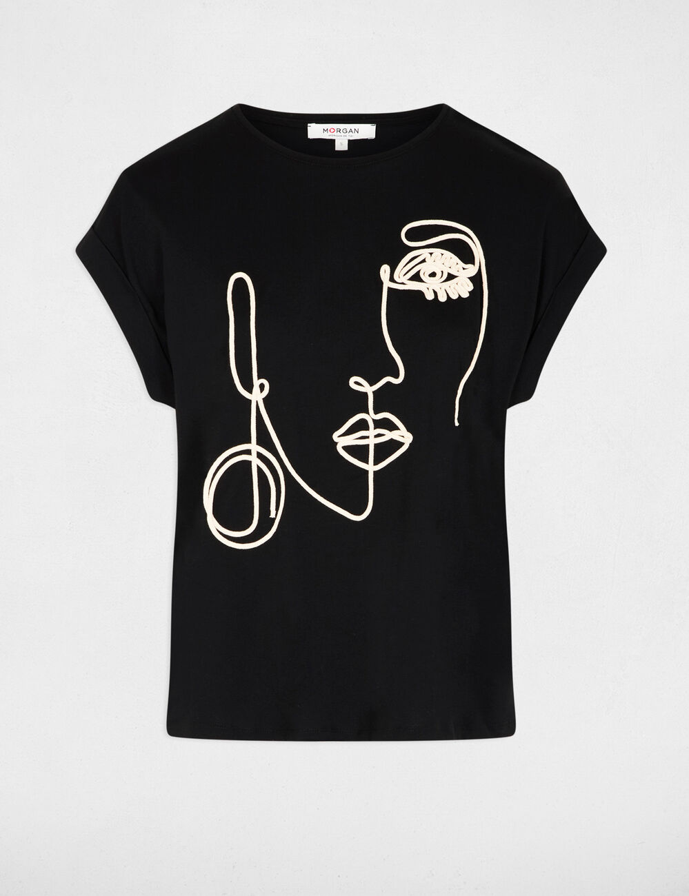 T-shirt met gezichtsborduursel zwart vrouw