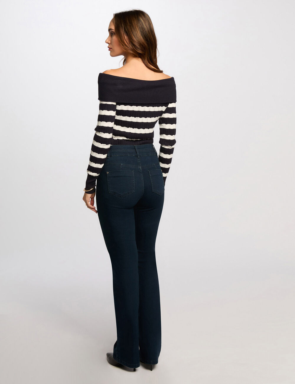 Gestreepte Bardot trui marineblauw vrouw