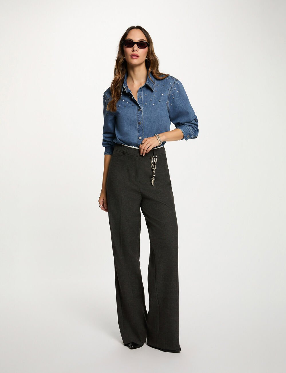 Chemise courte cabochons denim stone femme