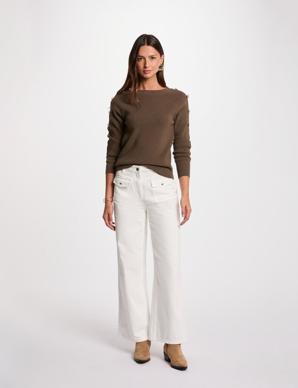 Pull col bateau vert kaki femme