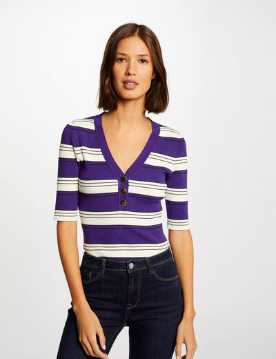 Pull manches courtes à rayures violet femme