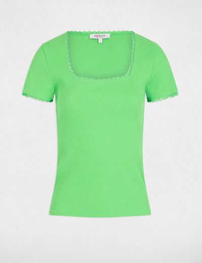 T-shirt manches courtes côtelé vert femme